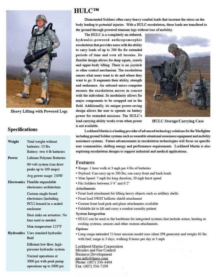 hulc human universal load carrier The lockheed martin's hulc (human universal load carrier) is an untethered, battery-powered, hydraulic-actuated anthropomorphic exoskeleton and it gives. hulc human universal load carrier The lockheed martin's hulc (human universal load carrier) is an untethered, battery-powered, hydraulic-actuated anthropomorphic exoskeleton and it gives.