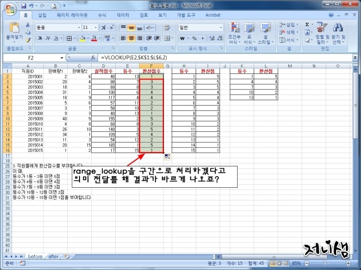 엑셀 함수 정리] vlookup 함수, range_lookup을 활용해 환산 점수 구하기 네이버 블로그