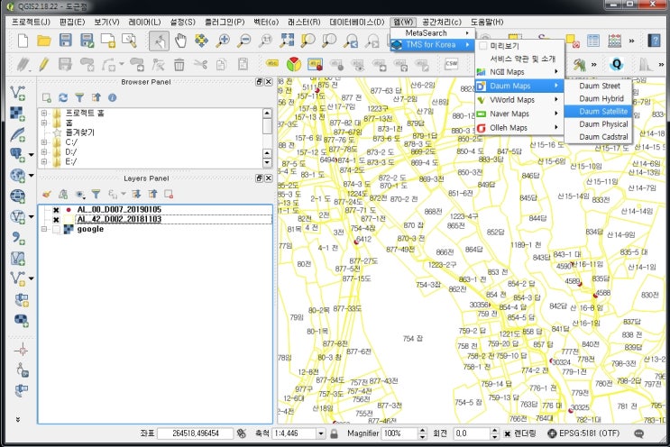Qgis 3.x버전에서 다음지도, 네이버지도(TMS for korea) 사용하기