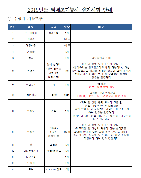 떡제조기능사 실기시험 준비물, 시험장 주의사항, 시험장 시설 : 네이버 블로그